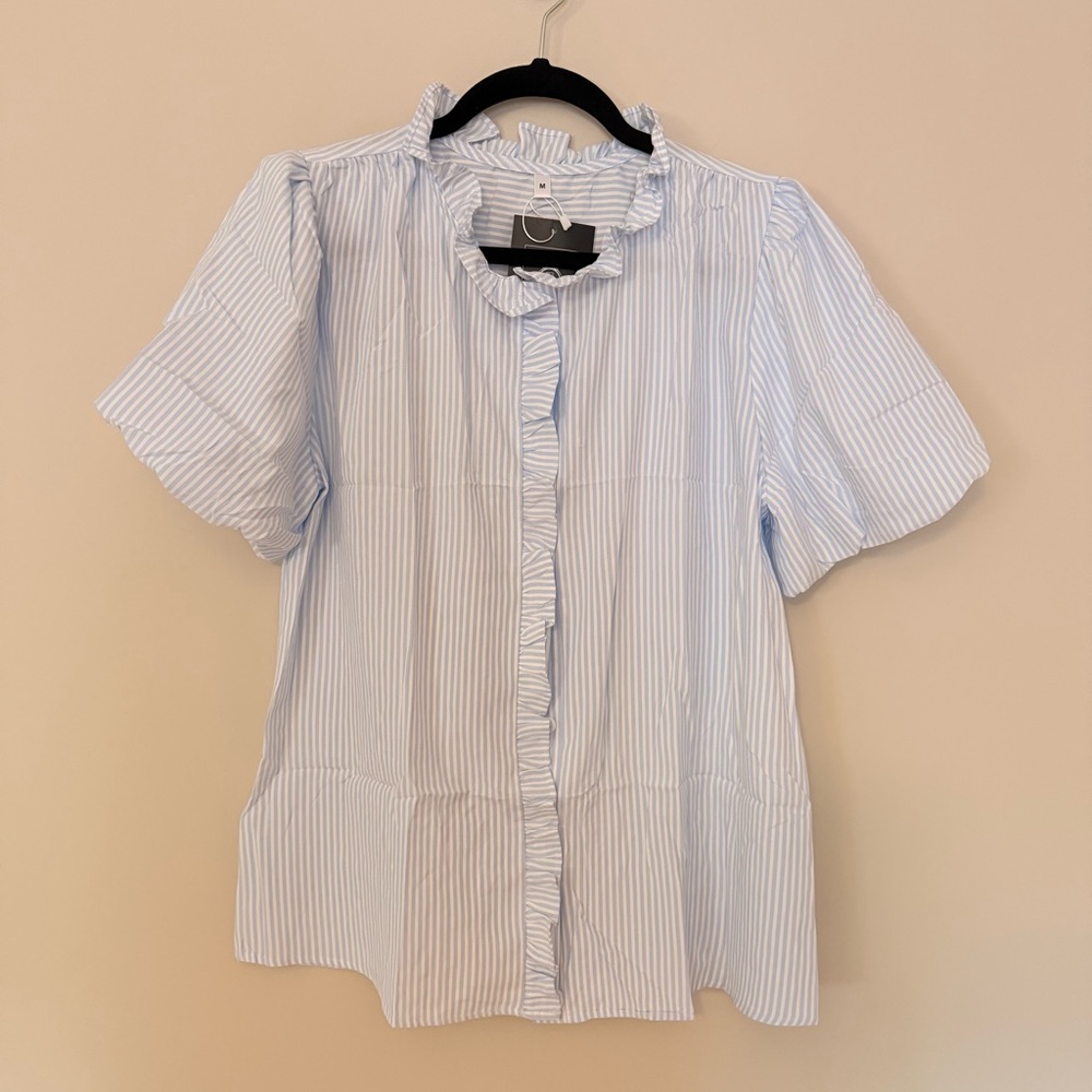 Light Blue & White Striped Ruffle Blouse balloon sleeve NWT medium button up